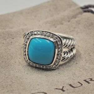 David Yurman Sterling Silver Albion 11mm Turquoise and Diamonds Ring Size 8